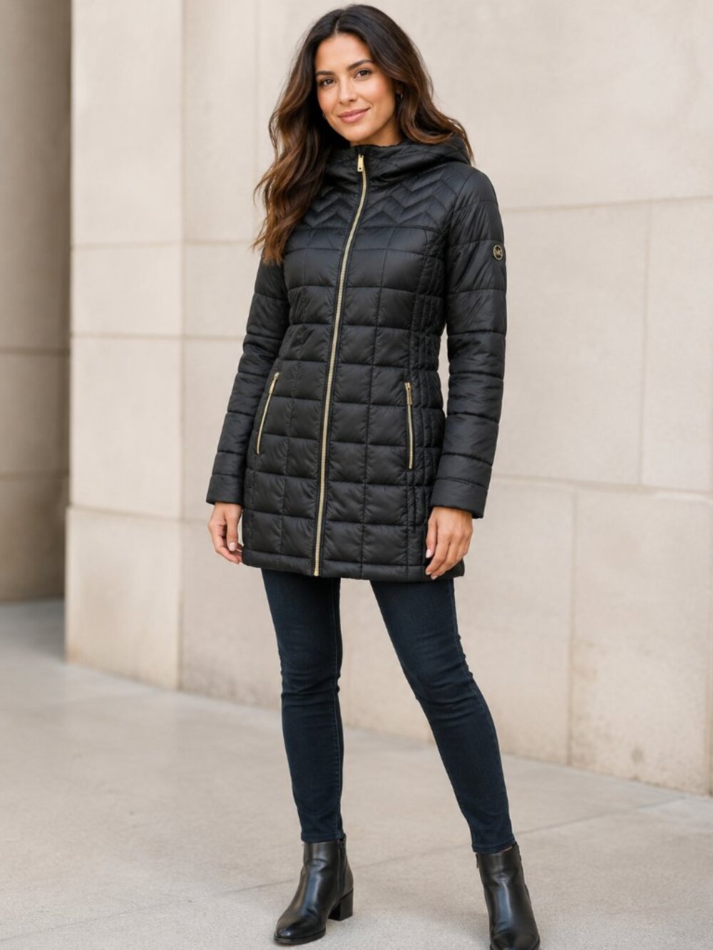 MICHAEL Michael Kors Packable Down Puffer Coat XS Black Gold Zip Hooded